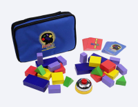 A blue bag, red cards, blue cards, colored blocks, and a bell are pictured.