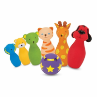 Six colorful animals are represented as bowling pins. There is a purple bowling ball with yellow stars.