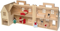 An opened wooden doll house includes a bedroom, a kitchen, a bathroom, and a living room. There is wooden furniture throughout the house.