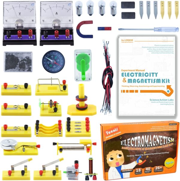 Light bulbs, yellow series circuits, an ammeter, a voltmeter, a compass, red and black wires, and magnets are pictured.