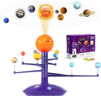 A purple and orange planetarium projector is pictured.