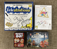 Games including Telestrations, Sushi Go, and Just One are shown.