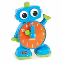 Tock is a light blue clock with arms, legs, and a face. Tock's stomach is an orange clock with an hour hand and a minute hand.