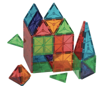 Magna Tiles colored green, red, purple, blue, and orange are pictured in the form of a house.