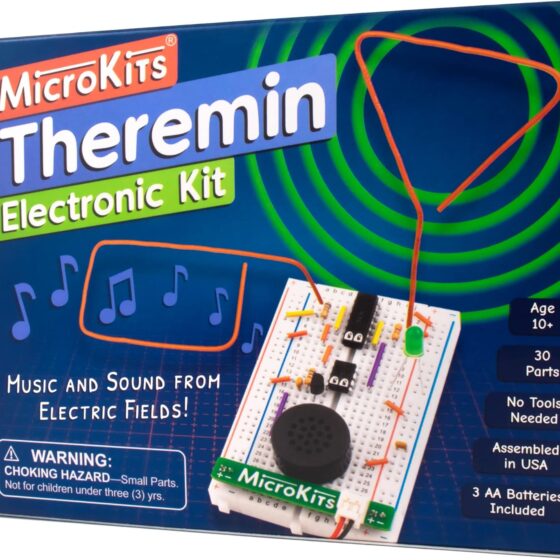 The Mini Theremin Kit from MicroKits shows a blue, green, and orange box.