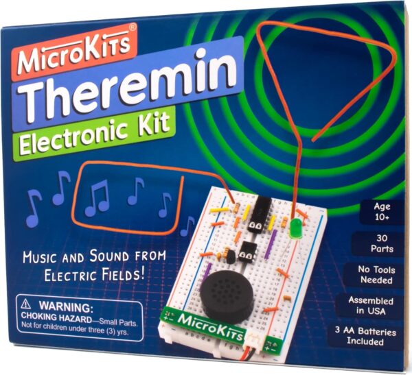 The Mini Theremin Kit from MicroKits shows a blue, green, and orange box.