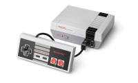 A gray NES classic console with black, and red buttons is pictured.