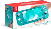 A teal-colored Nintendo Switch Lite is shown on a box, held in a person's palm.