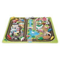 A roadway activity rug is pictured along with various buildings, animals, people, and vehicles.